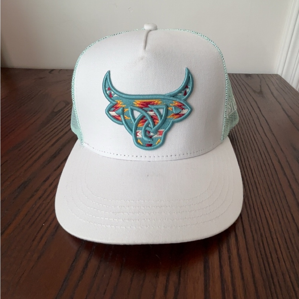 White LOST CALF Trucker Hat with Turquoise Bull Logo